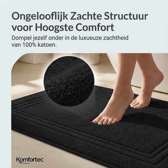 Voeten op een zachte, zwarte badmat met een verrekijkerdetail dat de textuur toont. De tekst "Ongelooflijk zachte structuur" is zichtbaar.