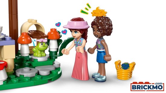 Twee LEGO Friends poppen spelen in een bos met paddenstoelen, een kikker en een eekhoorn.
