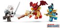 Drie Lego Ninjago-figuren: een rood met gouden harnas, een blauw met gouden harnas en een grijs met wit drakengezicht.