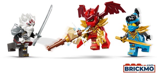 Drie Lego Ninjago-figuren: een rood met gouden harnas, een blauw met gouden harnas en een grijs met wit drakengezicht.