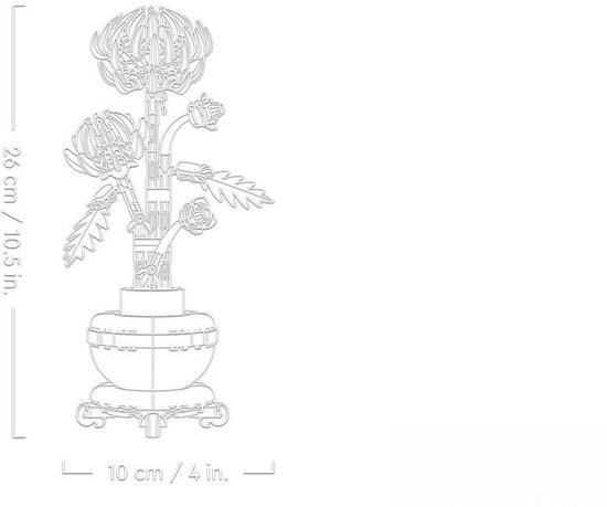 Schéma du chrysanthème LEGO, indiquant ses dimensions : hauteur 26 cm, largeur 10 cm.