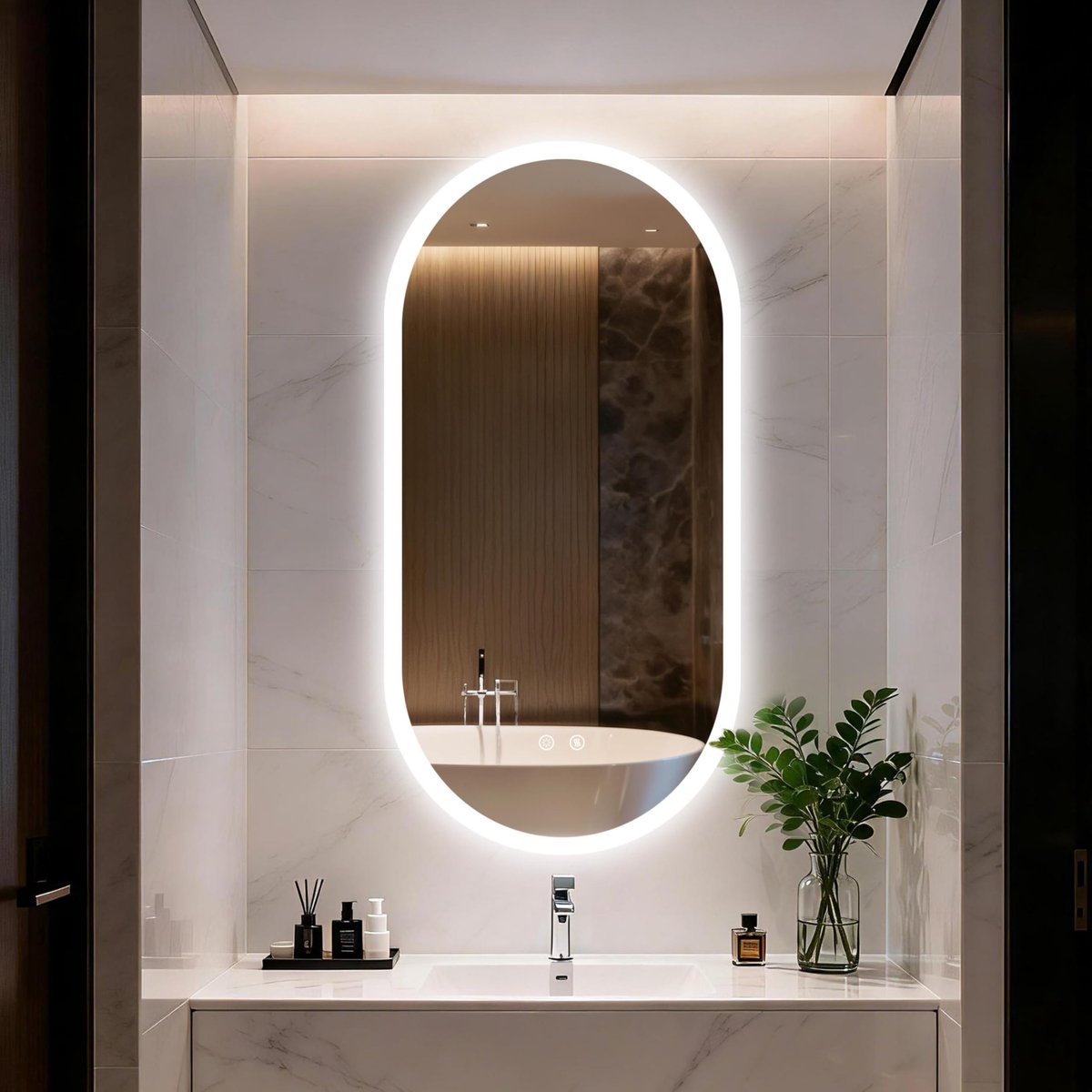 SnelShoppen - Ovale badkamerspiegel met LED-verlichting 120x60 cm, dimbaar, condensvrij, 3 lichtkleuren, met 2 aanraakschakelaars, wandspiegel voor ba