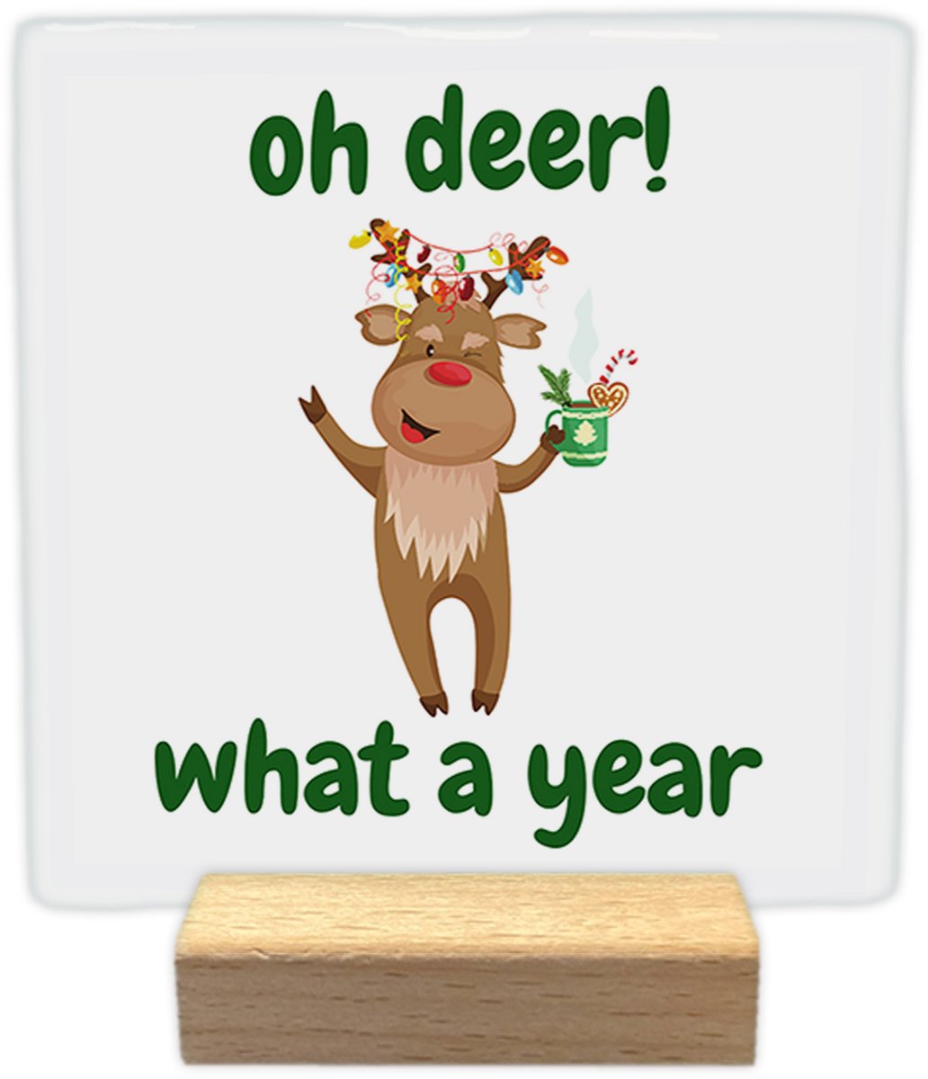 Artige Kerst decoratie tegel met tekst- Oh deer! What a year - keramisch - 10x10 cm - inclusief houder Wit