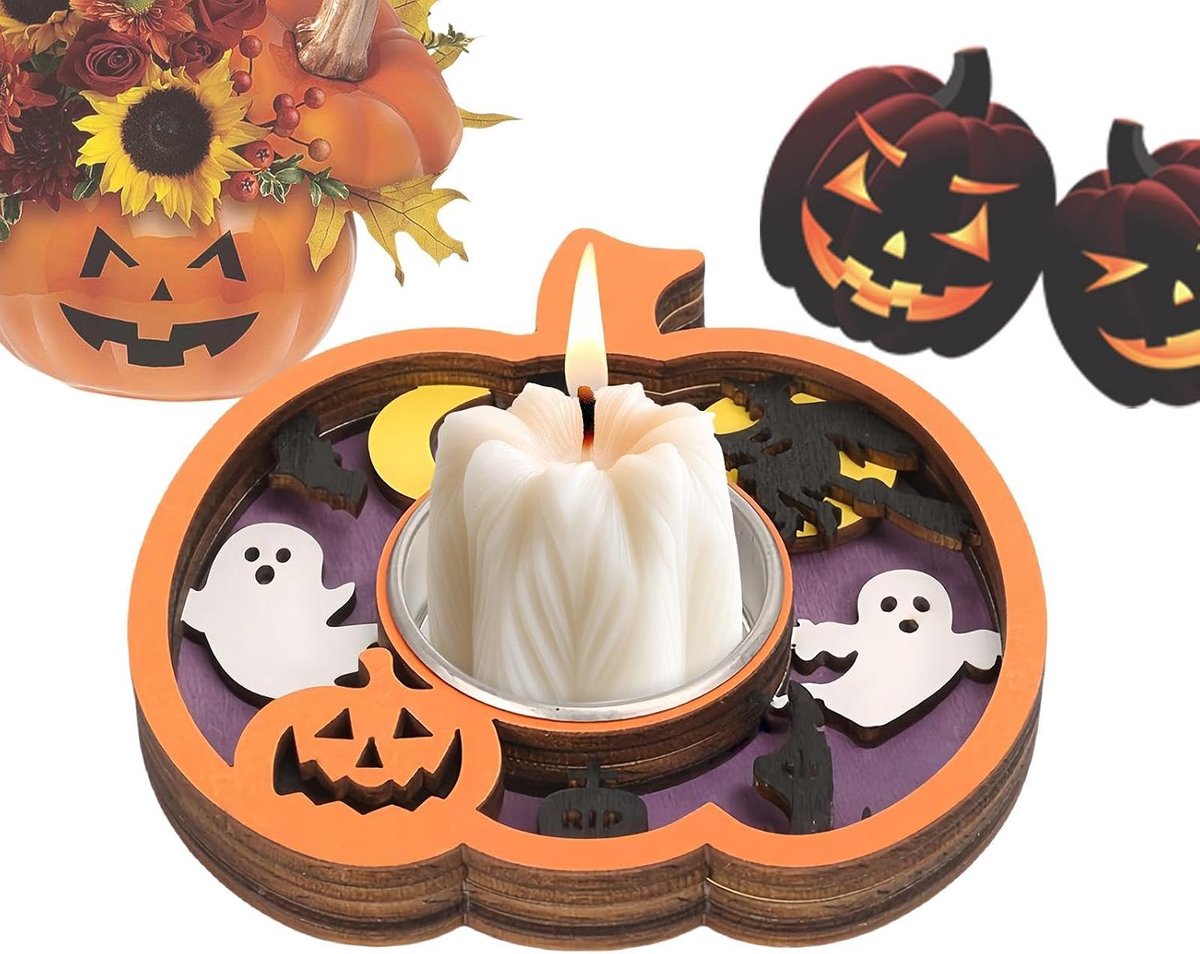 Halloween Kaarsenhouder - Houten Decoratie - Feestelijke Sfeer - Gedetailleerde Uitsnijdingen - 12x12x3 cm - Houtkleur