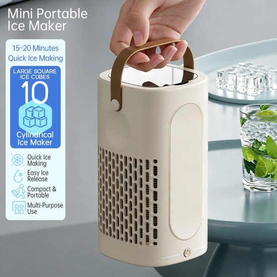 Draagbare mini-ijsmachine voor op tafel - Mini-ijsmaker - Snel ijs maken - Compact en klein - Met leren handvat - IJsblokjesmachine - Geschikt voor thuis, kantoor, kamperen, camper, feestjes en drankjes - Crème wit — afbeelding 3