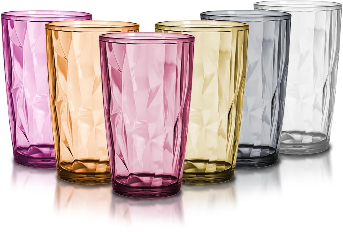 SnelShoppen - Set van 6 Onbreekbare Waterglazen, Kristalglas-look, Kleurrijke Drinkglazen, 470 ml, Stapelbare Kunststof Glazen voor Feestjes, Camping