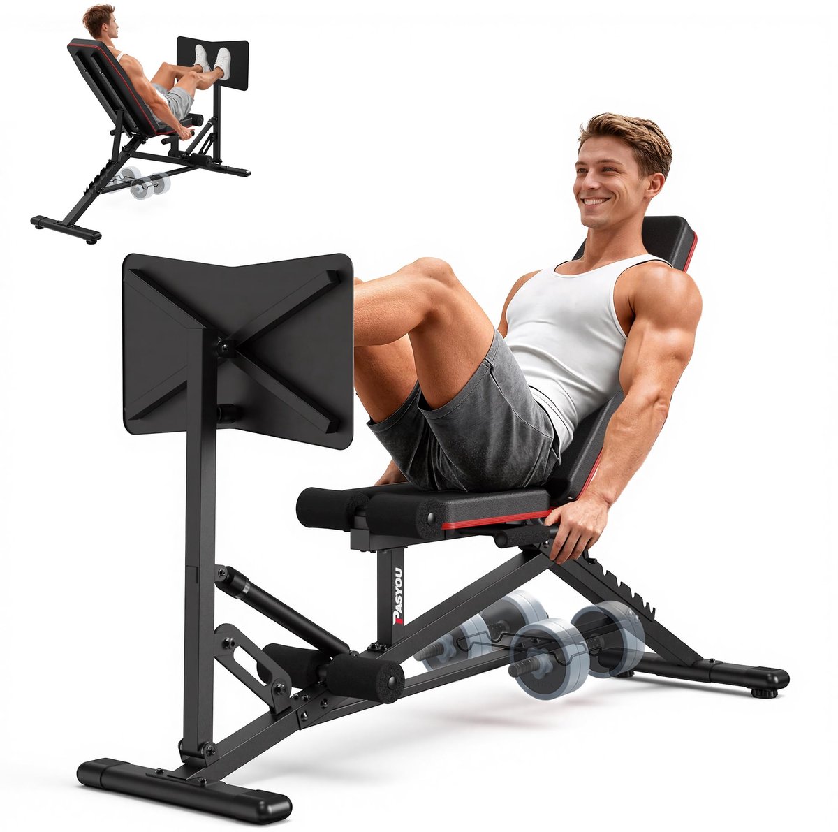 SnelShoppen - PASYOU Beenpersmachine Verstelbare Halterbank met Leg Press 550 KG Draagvermogen Thuisgym Volledige Lichaamstraining met Dumbbellrek
