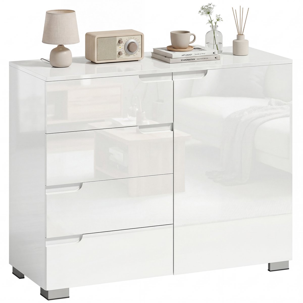 Kast met 4 laden Sideboard met 1 deur Verstelbare plank Woonkamer Slaapkamer 100 x 40 x 80