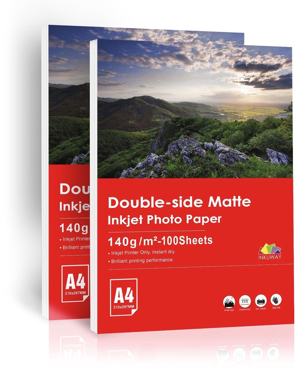 SnelShoppen - Inkuway Fotopapier A4 Mat - 200 Vellen 140 g/m² Dubbelzijdig Bedrukbaar - Perfect voor Presentaties, Brochures, Creatieve Projecten
