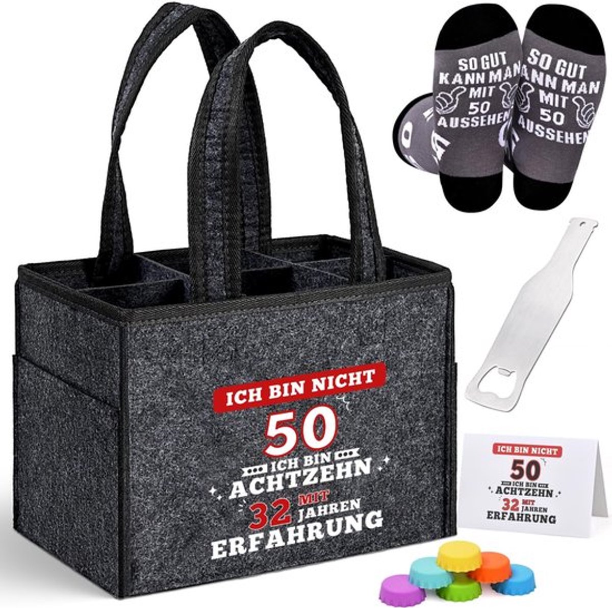 Flessentas voor 6 flessen - Grijs - Flessendeksels - Flesopener - Verlengde handgrepen - Kwalitatief hoogwaardige woonaccessoires - Biertas