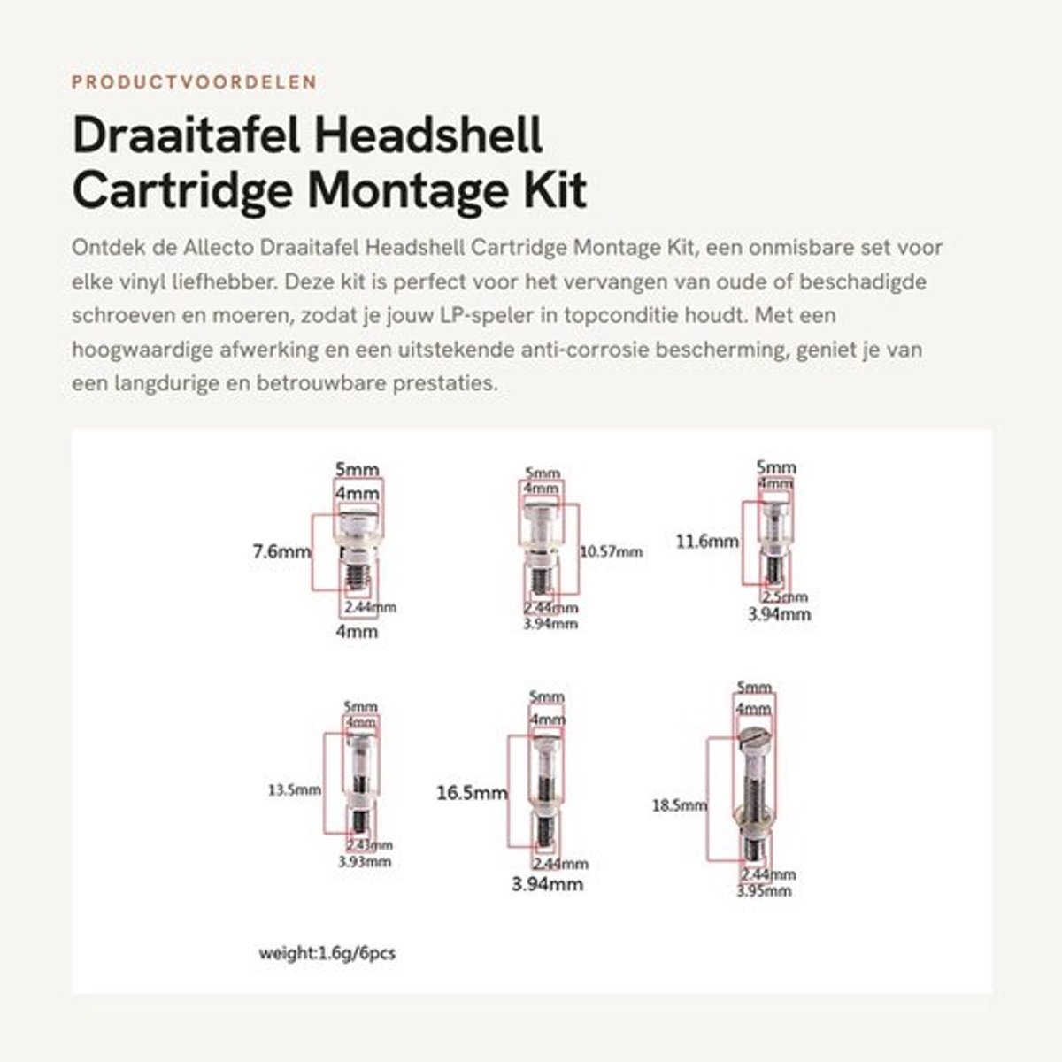 Cartridge Montage Kit - 6 Stuks - Metalen Schroeven - Vervangset - Aluminium - Anticorrosie - Platenspeler