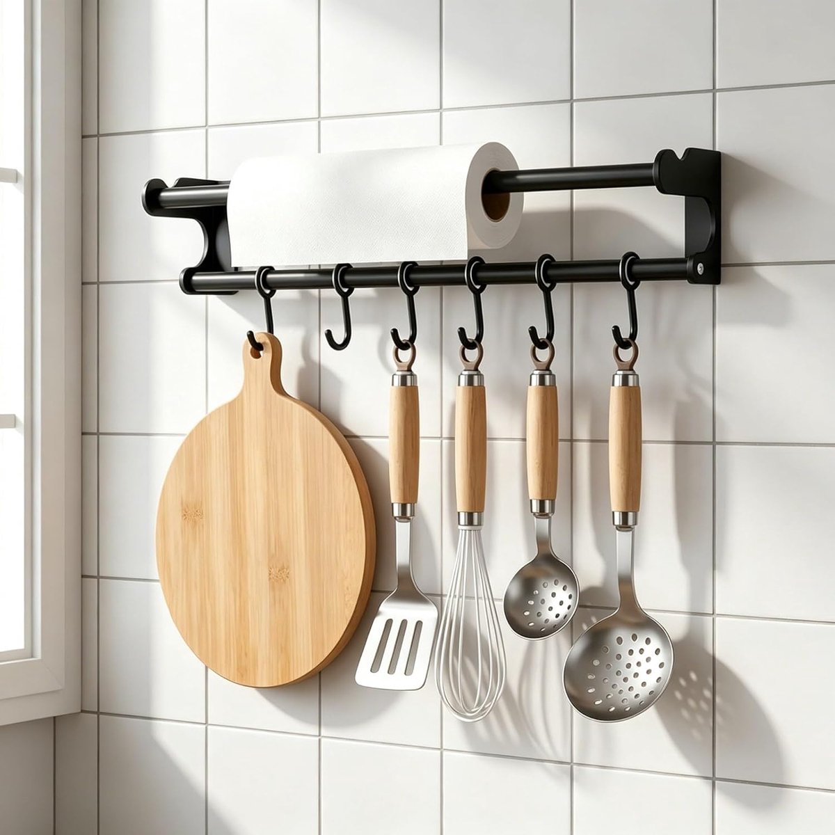 Keukenhaaklijst 40 cm - zwarte stang met haken - zonder boren - voor keukengerei en handdoeken - ShopVlot