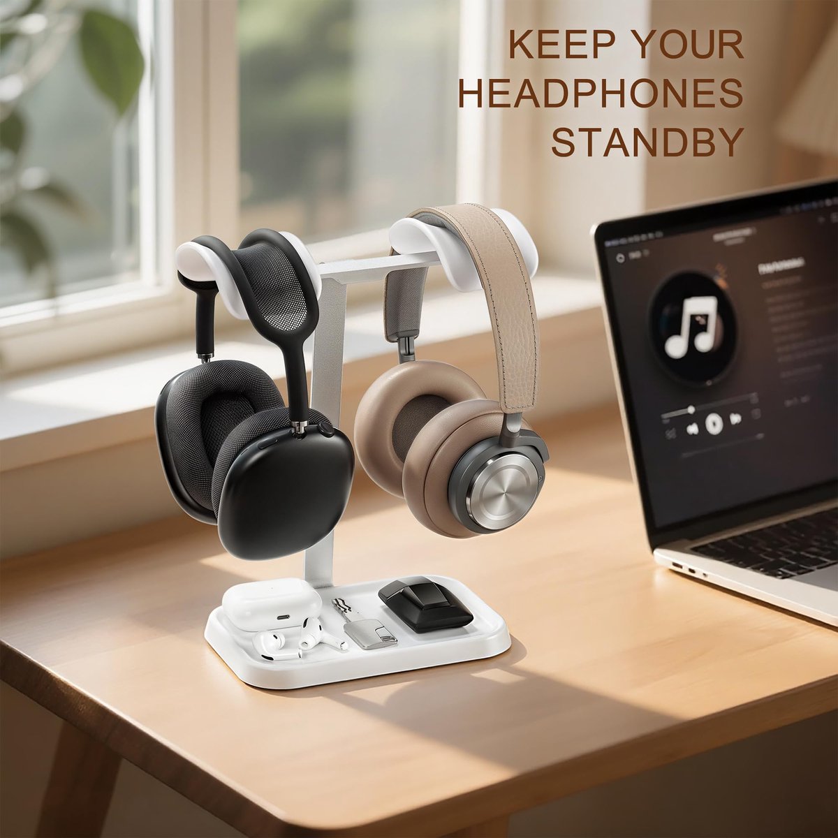 SnelShoppen - Dubbele Koptelefoonstandaard, Gaming Headsethouder met Opberglade en Zware Basis voor Bureau - Wit, Dual Headset Houder, Perfect voor Ga