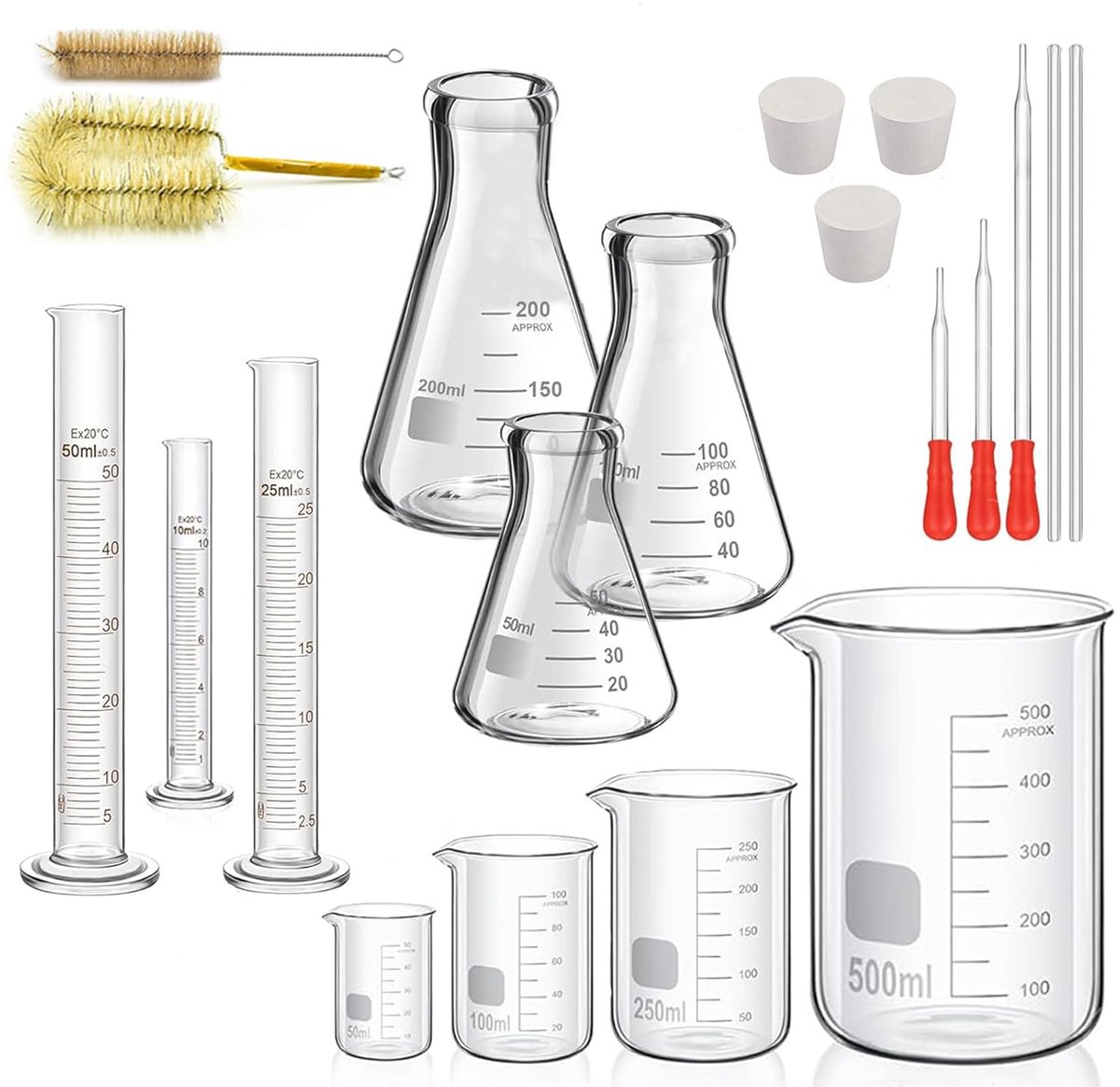 SnelShoppen - Erlenmeyer Glazen Set met 4 Maatbekers, 3 Gegradueerde Cilinders, 3 Erlenmeyer Flasken, Pipetten en Roerstokken voor Laboratorium en Kok