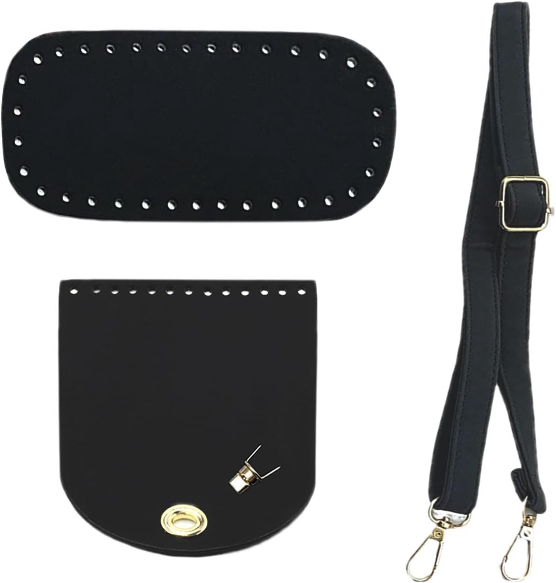 DIY Kit voor Leren Tas met Haaknaald - 22 x 10 cm, Trekkoord Tas met Ovalen Bod, PU Leren Accessoires voor Haakprojecten met Schouderband en Trekkoord (Zwart)