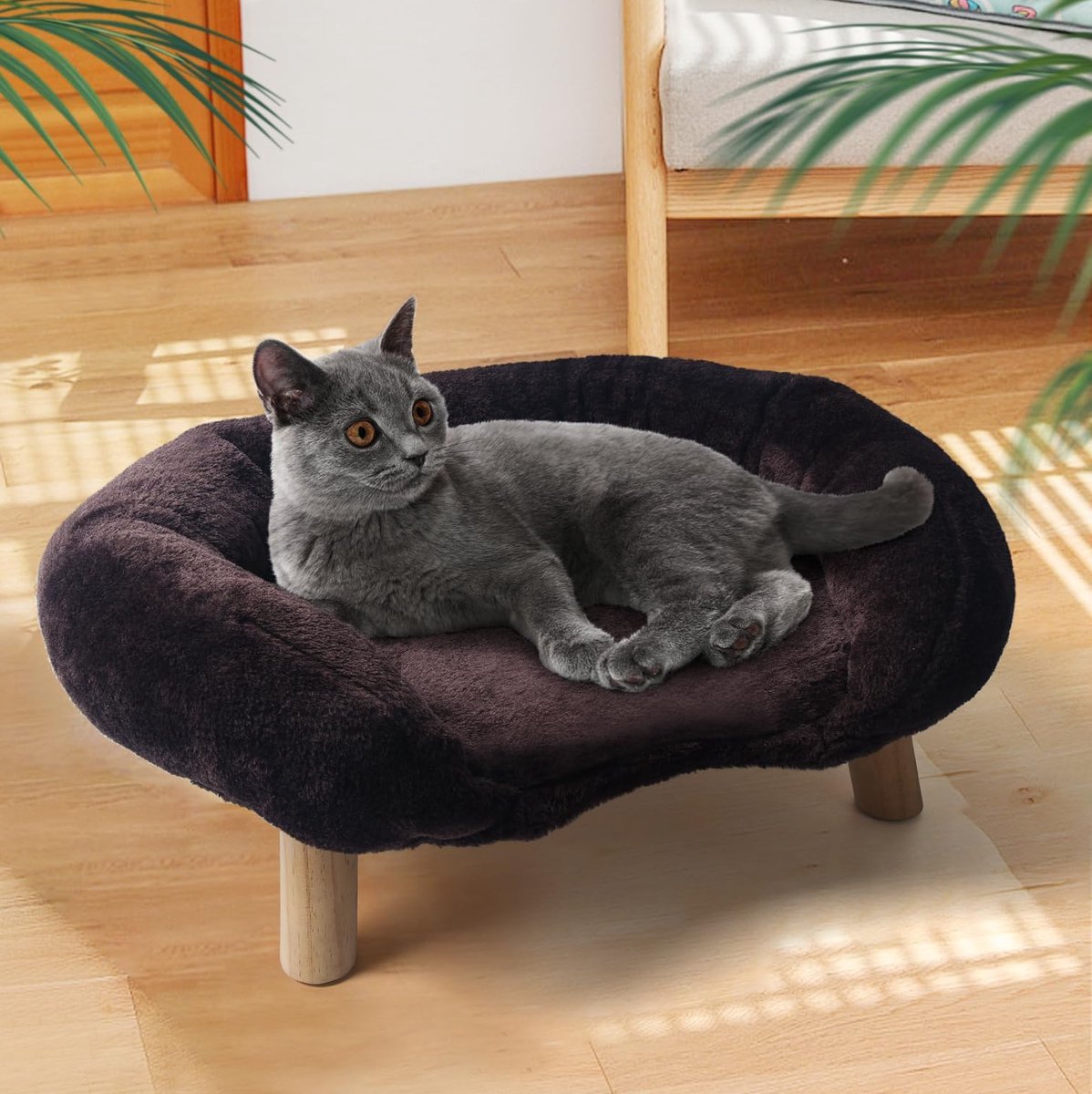 REDOM - Kattenbank - Ergonomische ondersteuning - Halfopen omranding - Antislip en geluidloos - Polyester - Bruin - 50 x 40 x 12,5 cm