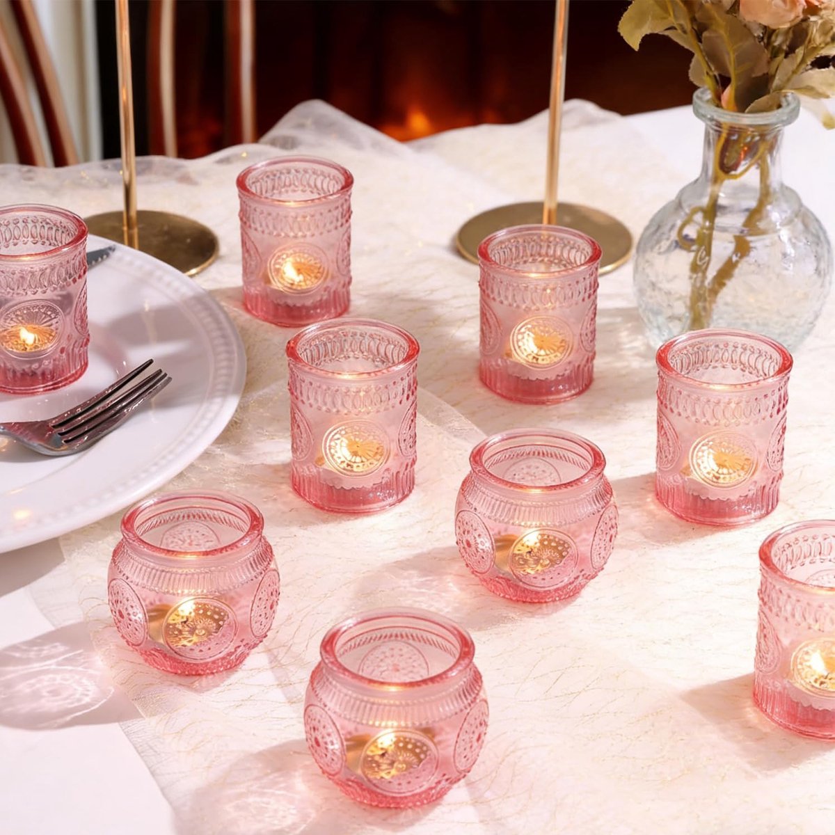 SnelShoppen - Glazen Theelichthouder Votief Kandelaars - Roze - Set van 12 - Perfect voor Bruiloft Middelpunt, Feesten en Woondecoratie