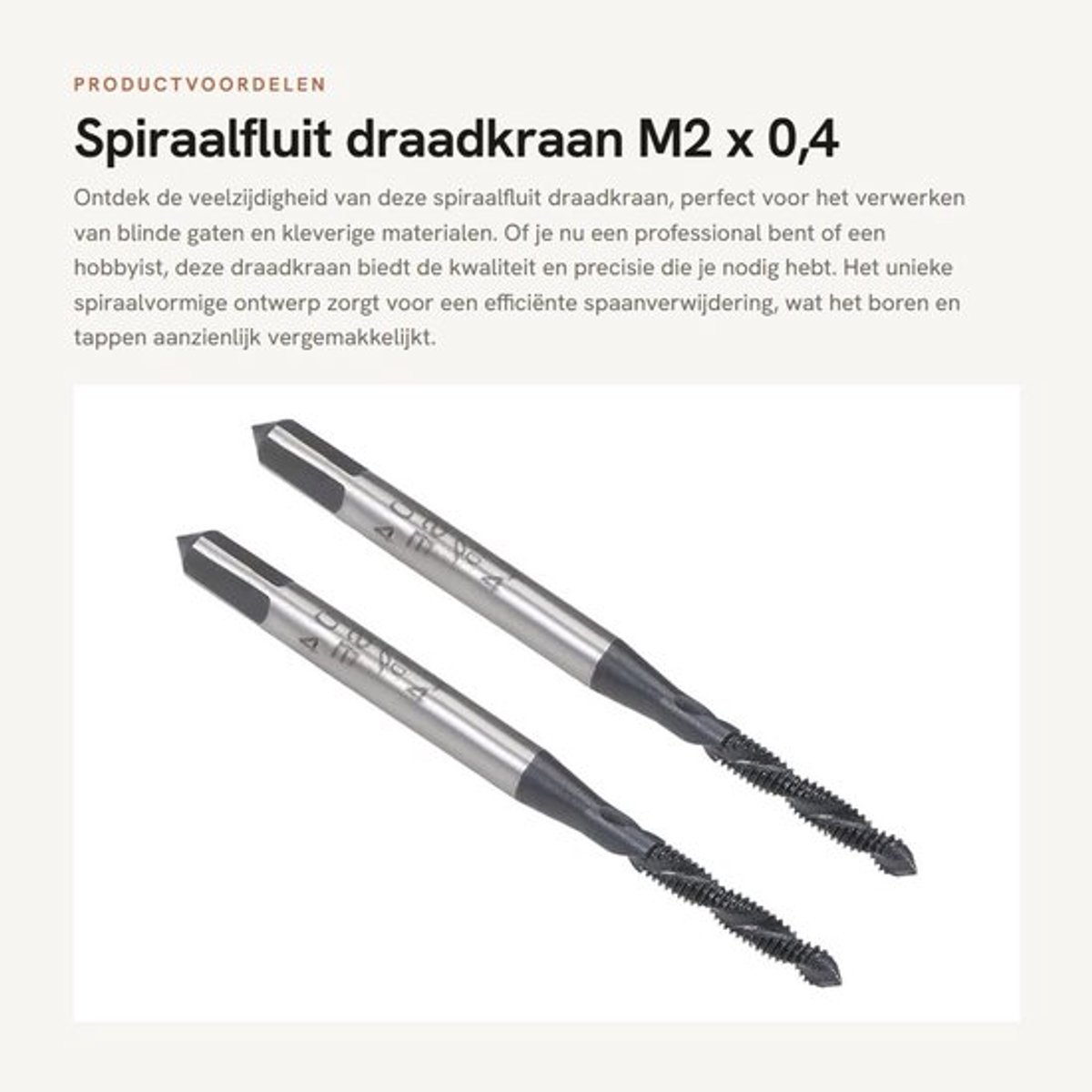 Draadkraan M2 x 0,4 mm - HSS/Nitreren Gecoat - Spiraalfluit Ontwerp - Rechterhand Snijrichting - H2 Tolerantie - 2 Stuks - Tap