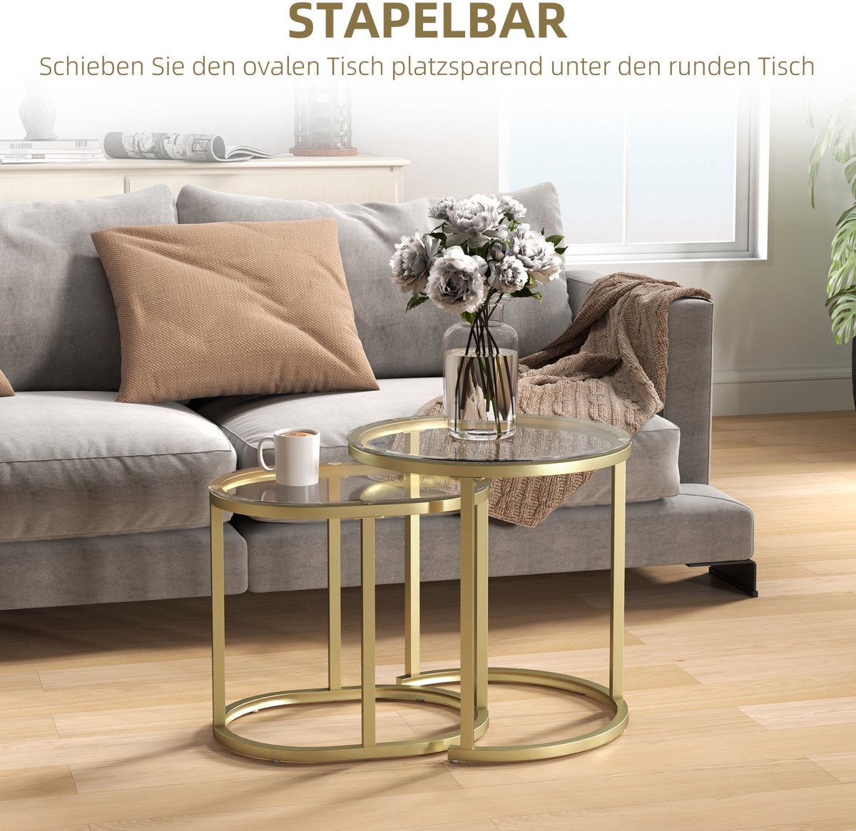 OKWISH Salontafel - Set Van 2 - Stapelbaar Met Ronde En Ovale Tafel - Voor Woonkamer En Slaapkamer - Staal En Glas Goud - 60 x 50,5 cm