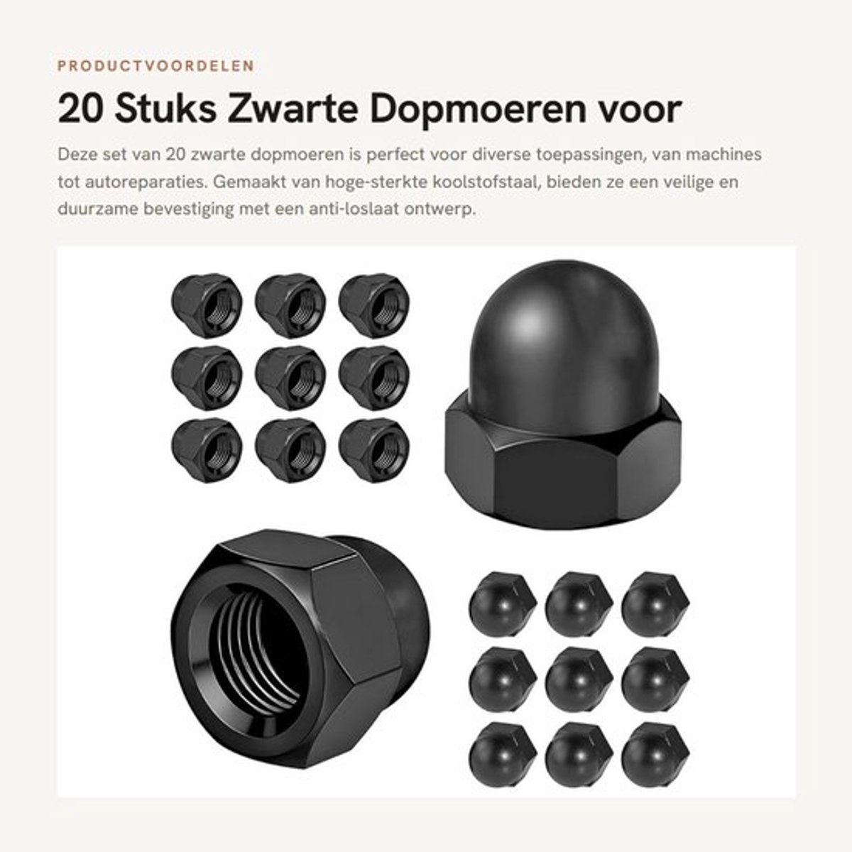 Dopmoeren 20 Stuks - Zwart Zeskant Hoedmoeren - Hoogwaardige Koolstofstaal - Anti-loslaat/ Stofdicht Ontwerp - Eenvoudige Installatie - Moeren