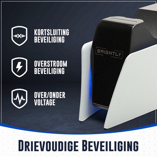 Zwarte dual charger met blauwe LED-verlichting en "BRIGHTLY" logo, met beveiligingssymbolen.