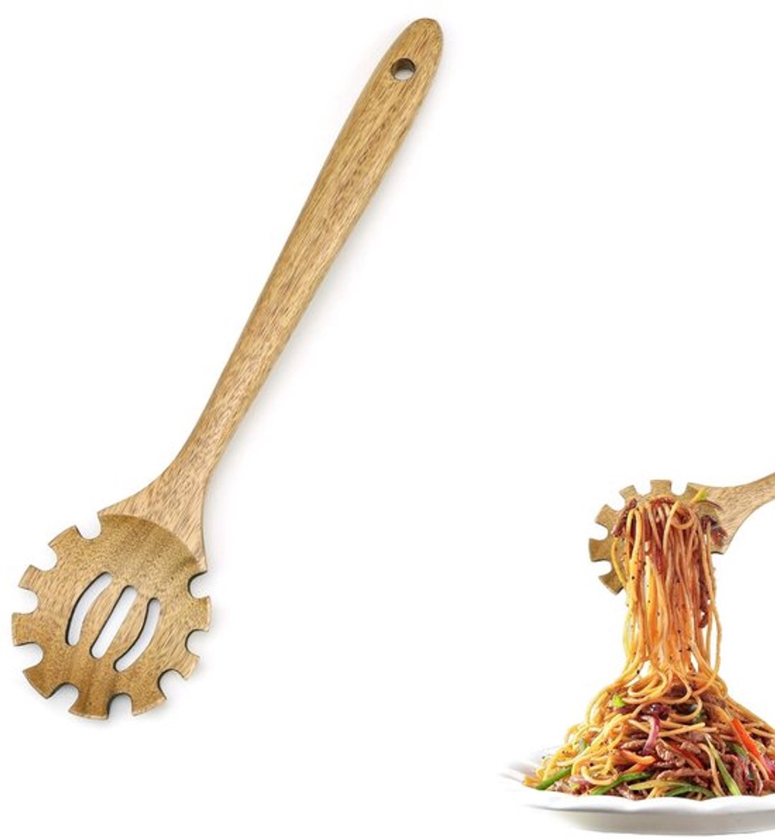 Spaghettilepel 33 cm - Houten Spaghettitang - Ergonomisch Ontwerp - Hoogwaardig Acaciahout - Hangbaar - Ideaal Keukenaccessoire - Pastalepel