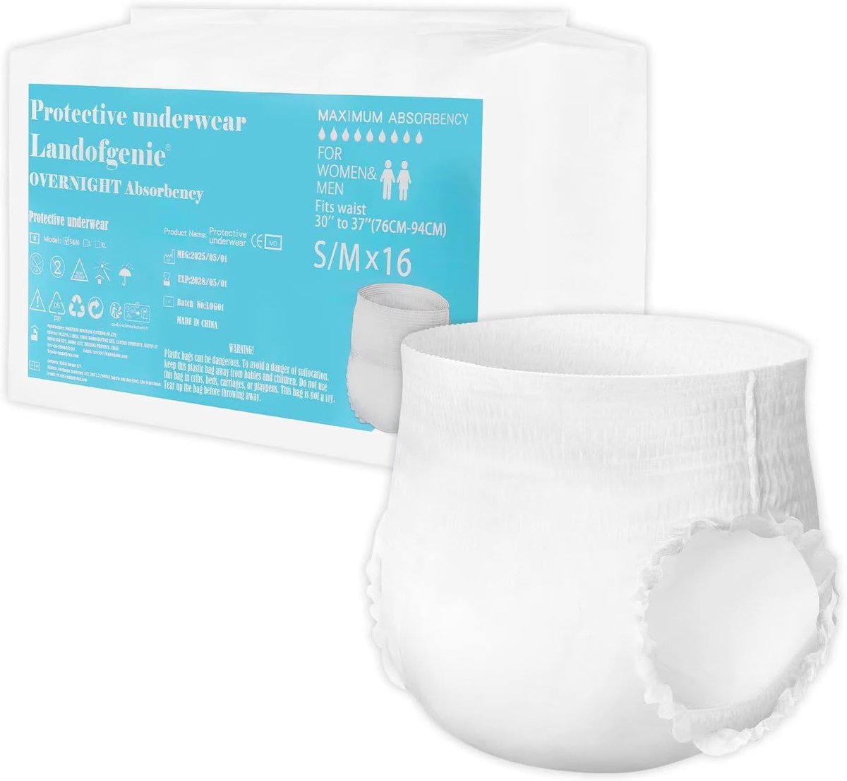 SnelShoppen - Incontinentie Luier Broekjes voor Volwassenen met Inkt Incense, Nacht Luier, 16 Stuks (S/M 76 cm - 94 cm)