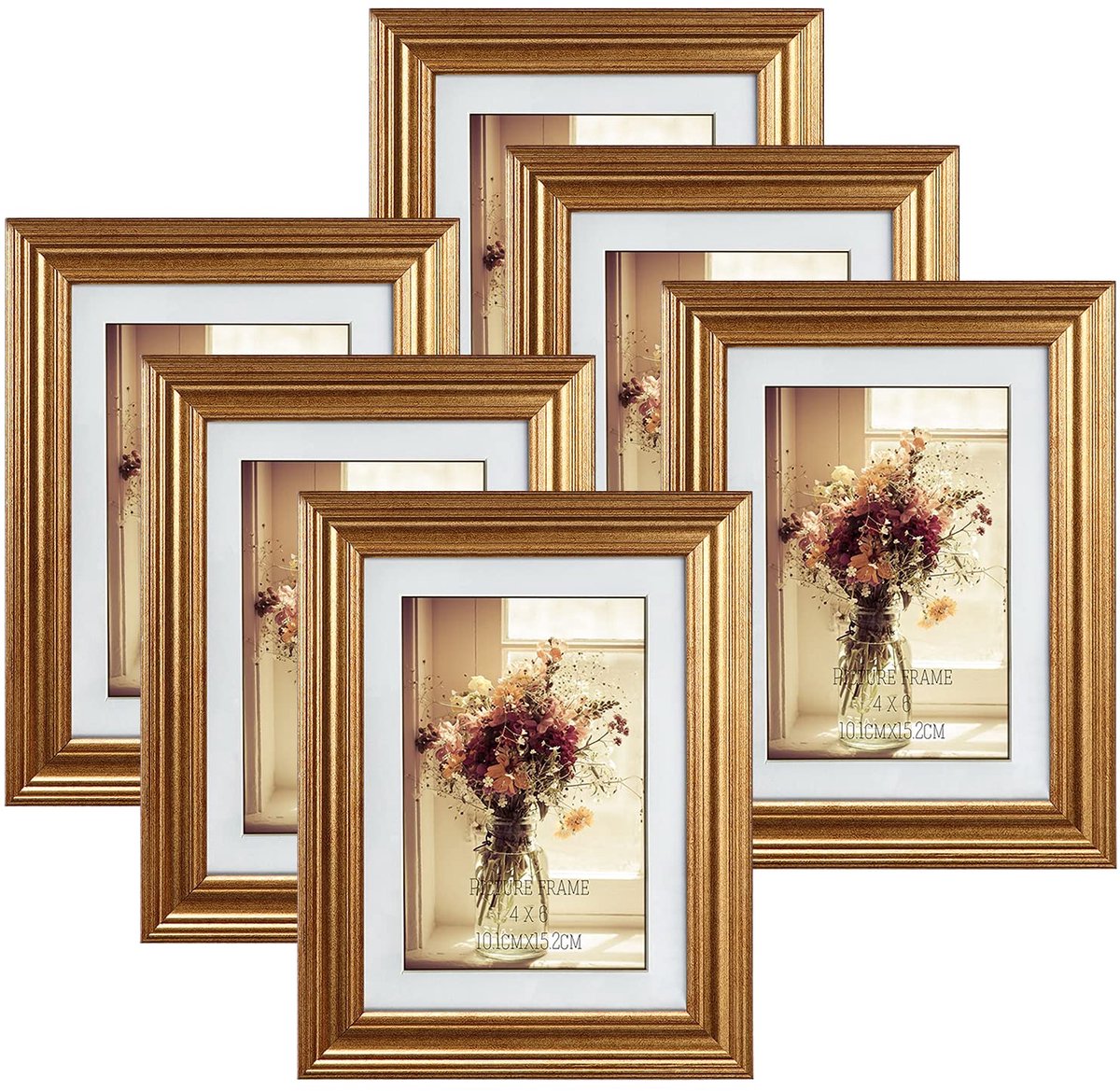 SnelShoppen - 6x4 Fotolijsten Set van 6 Gouden Fotolijsten voor Muur of Tafelblad Display 4x6 Foto's met Mat of 5x7 zonder Mat