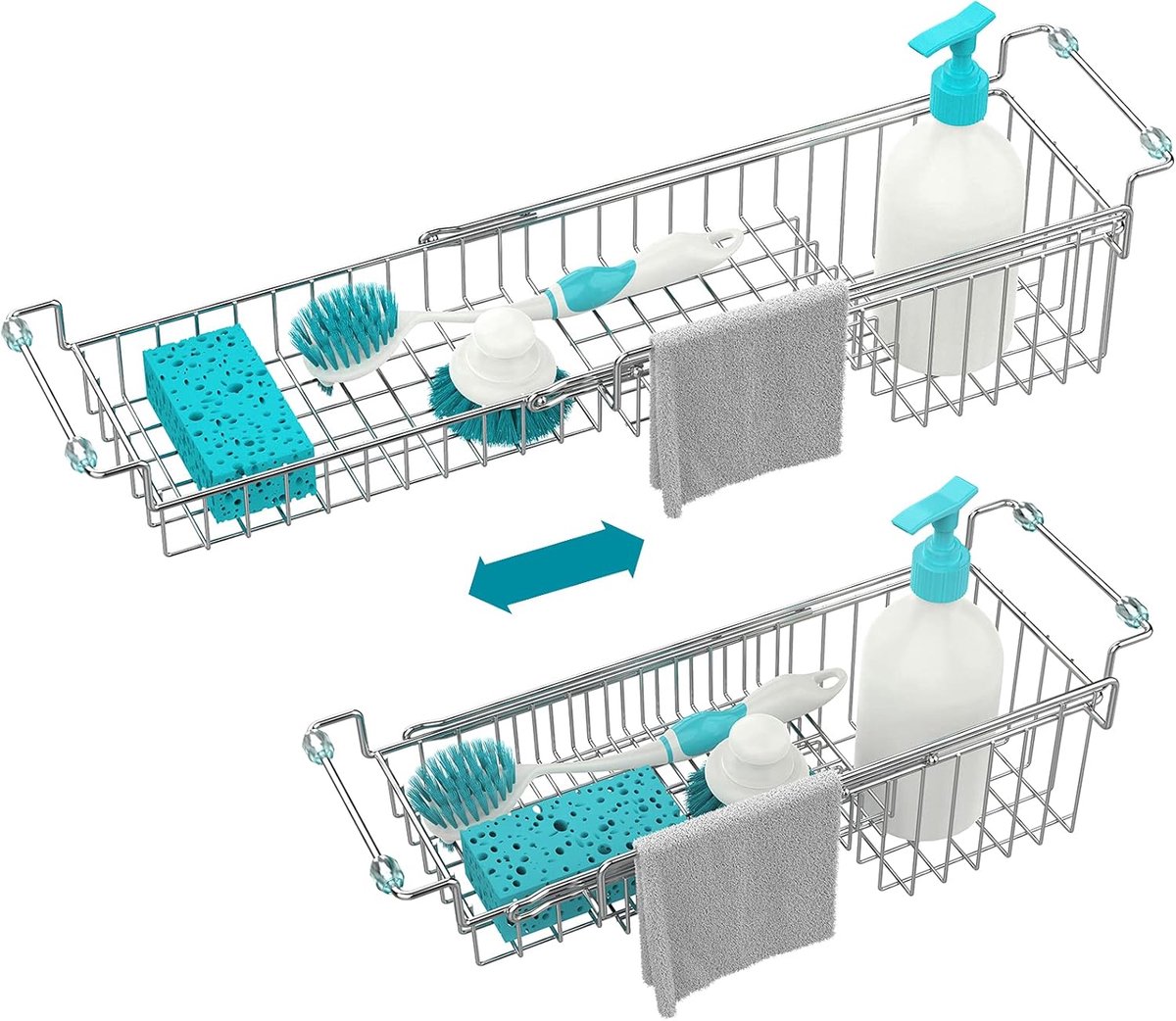 SnelShoppen - Over de Keuken Sink Caddy Sponshouder Organizer Droogrek Uitbreidbaar 14,5" tot 22" Roestvrij Staal voor Spons, Borstel, Zeep en Vaatdoe