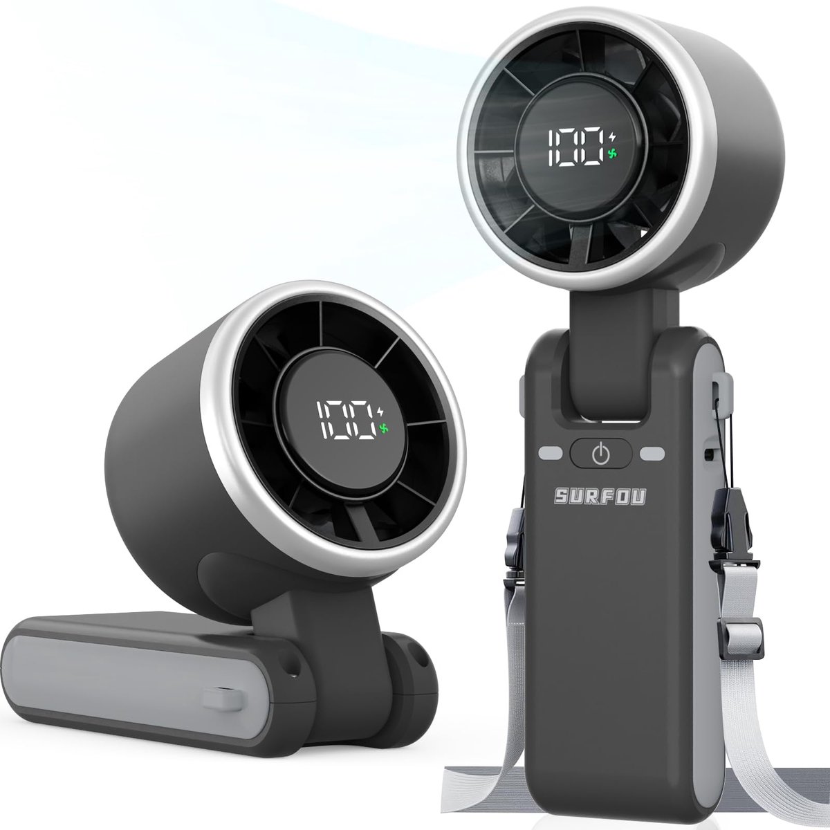 SnelShoppen - Draagbare Handventilator 4000mAh Accu, Mini Turbo-Ventilator met 5 Snelheden, LED-Display, Opvouwbaar, USB-Oplaadbaar, Zwart voor Kantoo