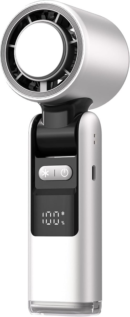 Multifunctionele handventilator – Motor met hoog toerental voor krachtige koeling – Duurzame 4000 mAh-accu – 100 instelbare snelheidsstanden – Supergeleidende koeling met ijskeramiek – Geschikt voor thuisgebruik, buitenactiviteiten en op reis – Wit