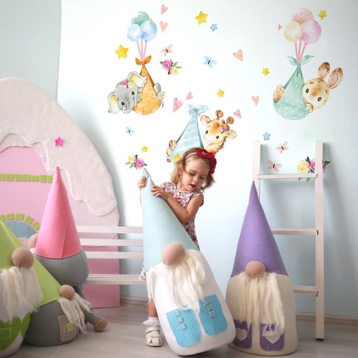 SnelShoppen - Wandstickers Kinderen Ecologisch Hypoallergene Zelfklevende Wanddecoratie Babykamer Zachte Stof Effect Dromen Huisdieren voor Kinderen