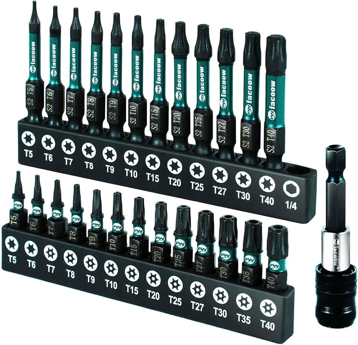 SnelShoppen - 26-delige Impact Torx Bitset (T5-T40 & TT7-TT40) met Magnetische Torx Bits, S2 Staal, CNC Bewerkte Tamper Proof Star Bits, 1" & 2" Lange