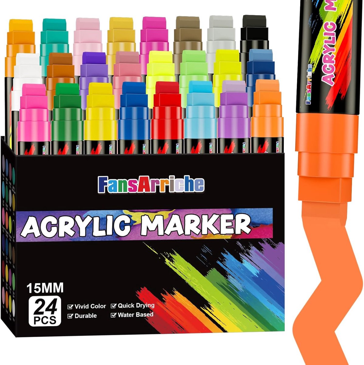 SnelShoppen - 24 Kleurige Acryl Verf Stiften, 15 mm Jumbo Marker, Permanente Kleurpotloden voor Steen, Metaal, Hout, Textiel, Glas, Keramiek, Creatief