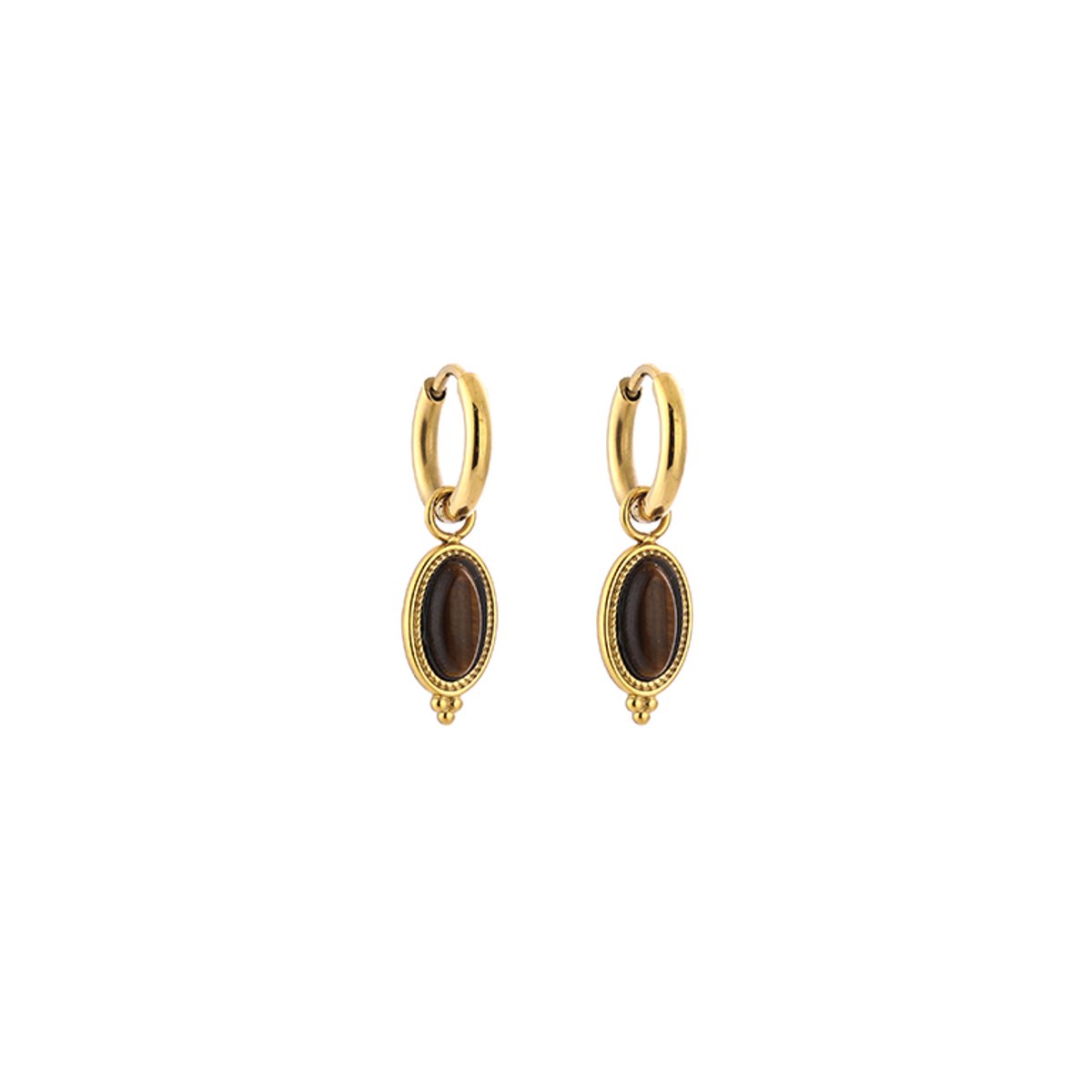 Stainless Steel Boho Oval Natural Stone Charm Hoops – Luxe Boho Natuursteen Oorringen – RVS - Tiger Eye