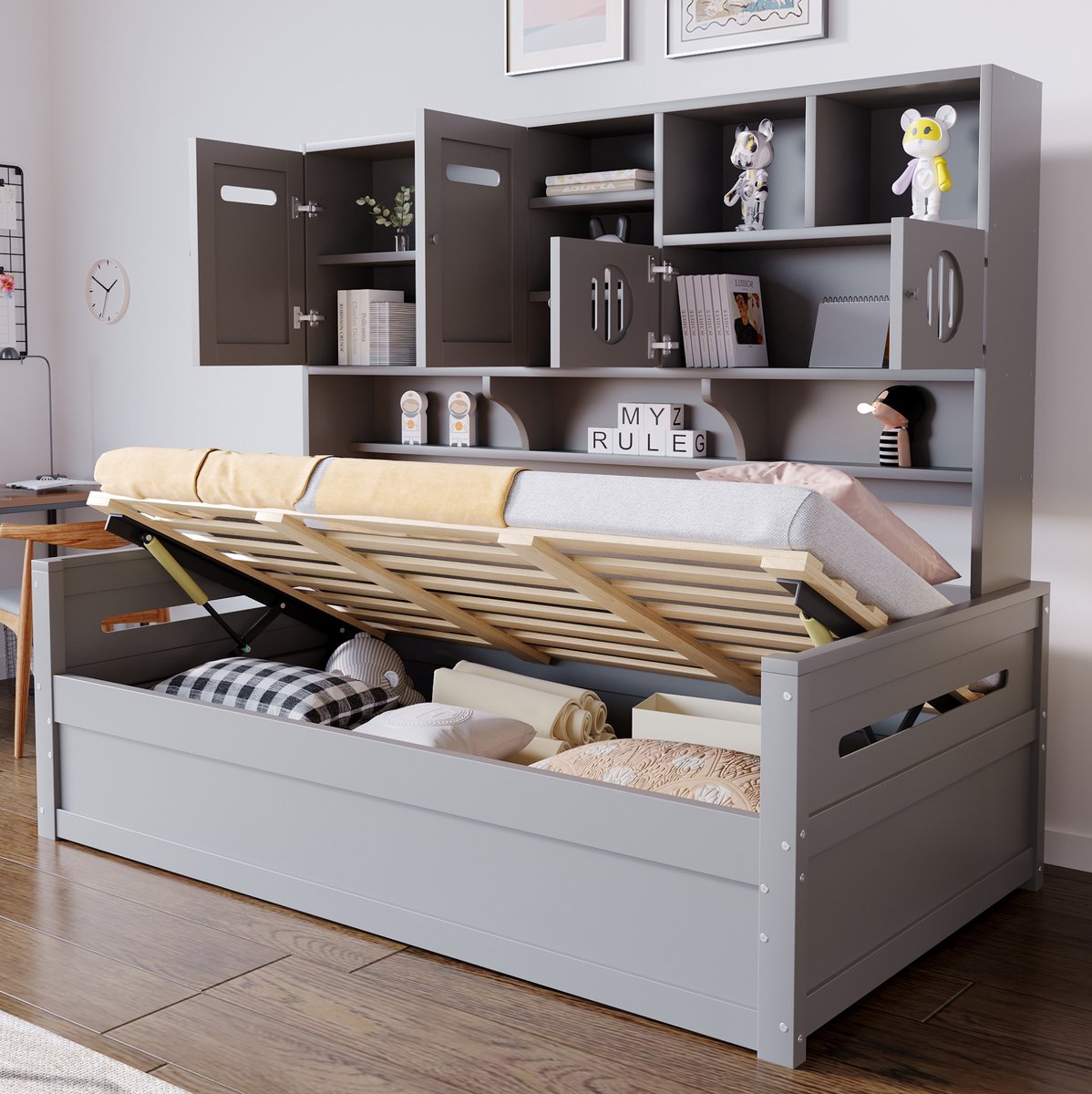 COVREO Multifunctioneel bed met opbergvakken – 90x200 cm – Eenpersoons slaapsofa van hout – voor jongeren en kleine kamers – Grijs - zonder matras Gray