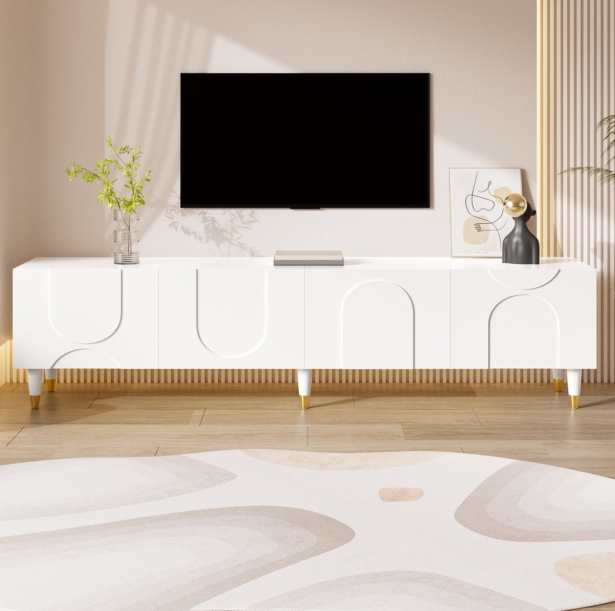 REDOM - TV-meubel - 4 deuren met asymmetrisch boogreliëf - Met planken en kabeldoorvoer - Massief houten poten - Wit - 180 x 40 x 50 cm