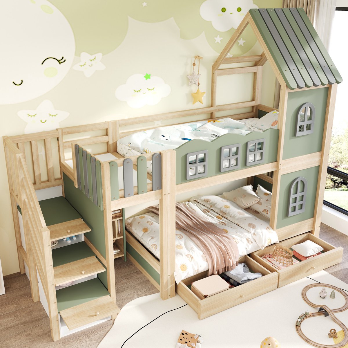 Wishdor Kinder stapelbed 90 x 200 cm - Huisbed met wolkenvormige uitvalbeveiliging - opbergladder en bedlades - Hout - groen/grijs/natuurhout