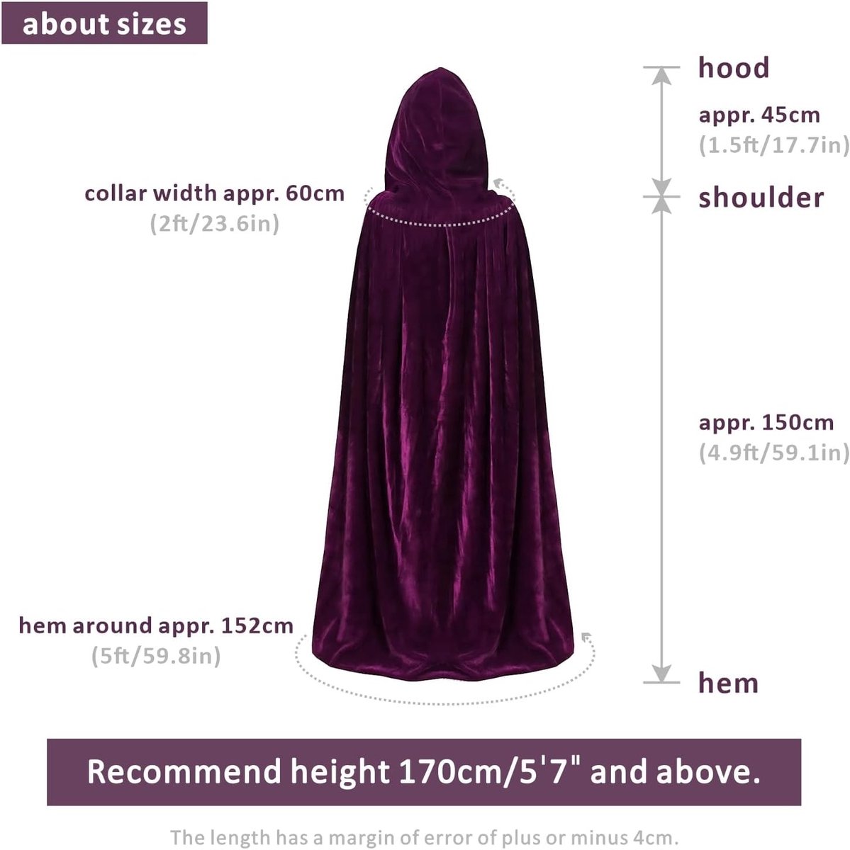 Kostuums voor Halloween voor Mannen en Vrouwen met Lange Cape en Cloak voor Cosplay en Rollenspel (Paars, 150 cm)