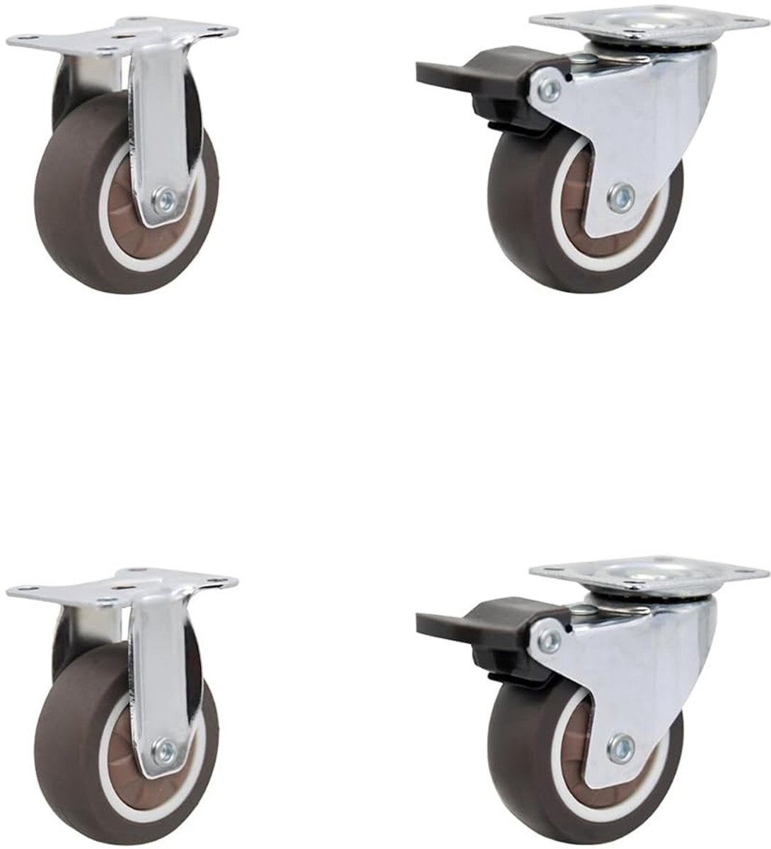 Stille TPR Zwenkwielen Ø 25 x 13 mm met Plaatbevestiging en Rem voor Meubels en Kasten - Vervangingsset van 4, Belastbaarheid 40 kg, Grijs