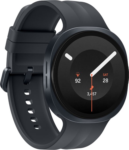 Zwarte Samsung Galaxy Watch9 smartwatch met een digitale band, toont datum en stappen.