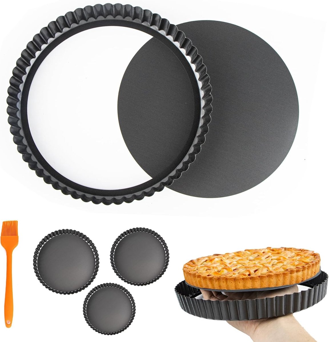Ronde Taartvorm Set van 3 met Verwijderbare Bodem - Anti-aanbak & Koolstofstaal - Ideaal voor Quiche, Taart en Pastei (22, 23, 24 cm)