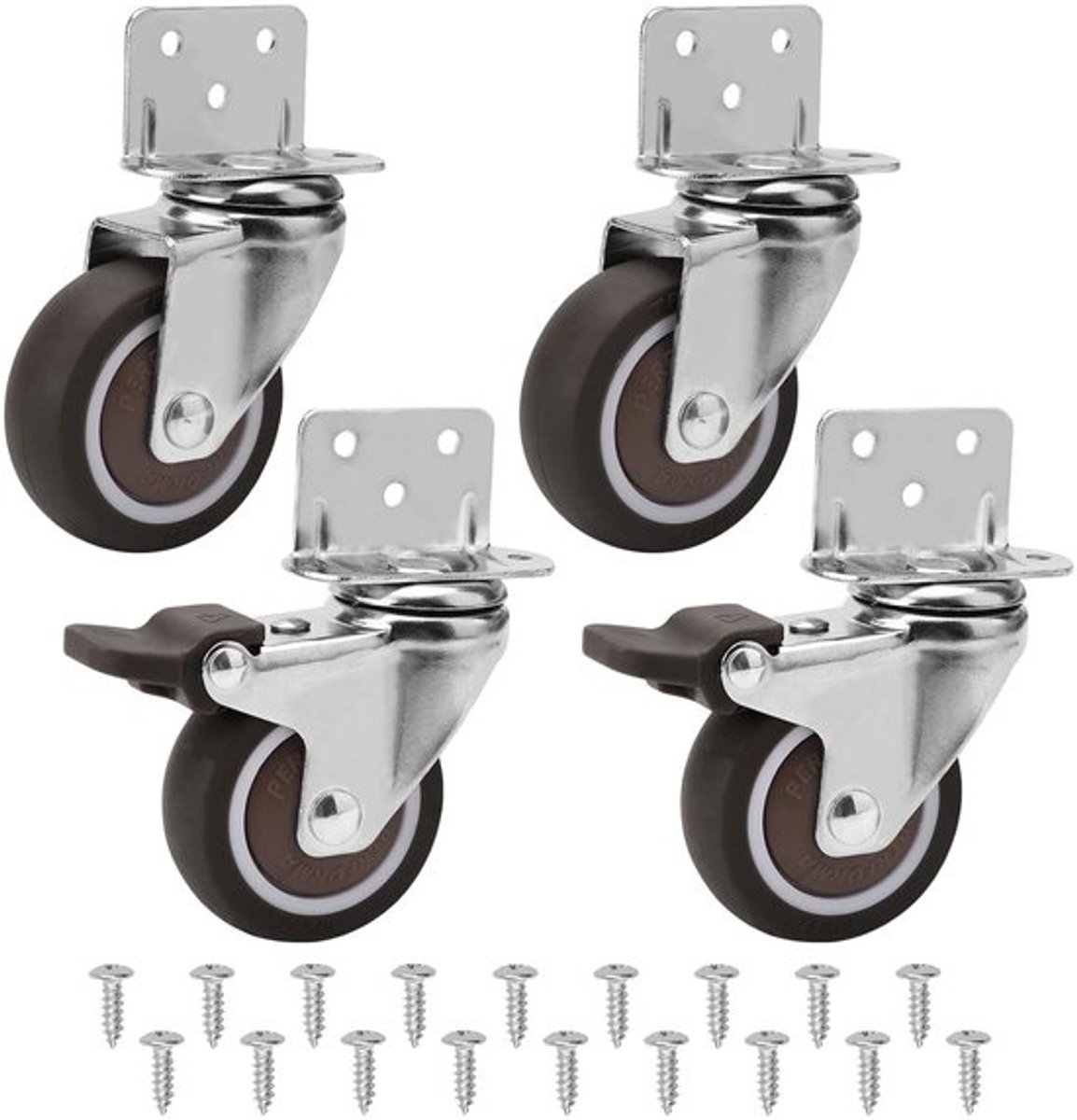 Meubelwielen 50 mm - Zware Zwenkwielen - 4 Stuks - Draagvermogen 120 kg - L-vormige Montageplaat - Antislip Remmen - Rolwielen