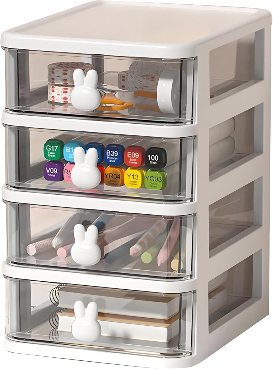 SnelShoppen - Desk Storage Box met Transparante Lades - Multi-tier Organizer met Grote Capaciteit en Konijnenhandvat - Wit - 4 Lagen voor Kantoorbenod