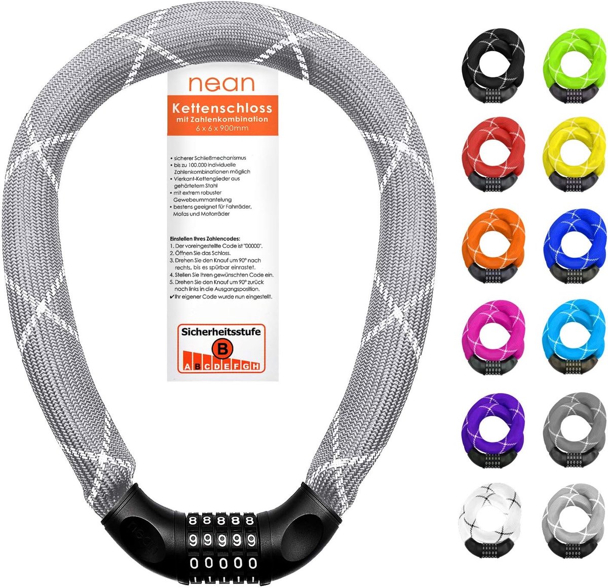 SnelShoppen - Fietsslot met Cijfers, Hoog Veiligheid en Robuuste Stofcoating, Fietsketting Slot, Cijferslot Combinatie, Geharde Stalen Kettinkjes, 6 x