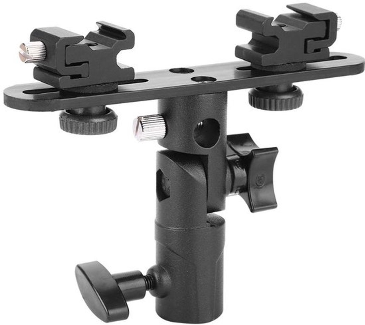 Houder Verstelbaar - Dubbele Flitshouder - Universele Houder - 1/4/3/8 Schroef - Zwart - Metaal 14,5 x 11,1 x 2,5 cm