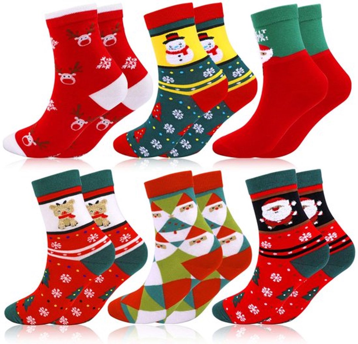 Kerstsokken 6 Paar - Grappige Sokken met Kerstpatroon - Katoenen Uniseks Sokken - Comfortabel en Duurzaam - Machinewasbaar - Feestelijke Sfeer