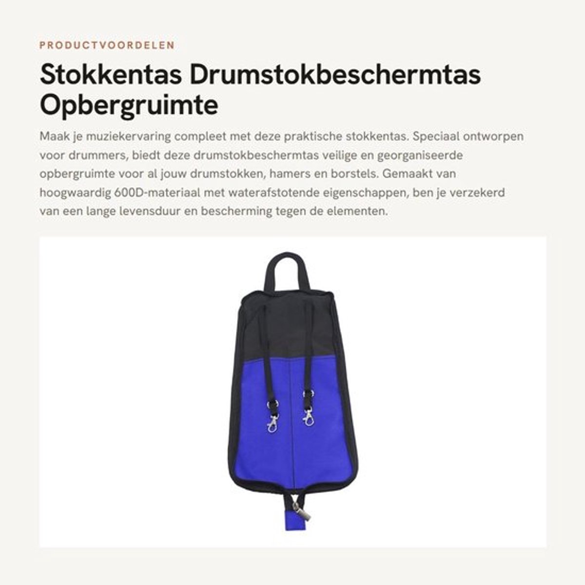 Stokkentas Waterdicht - Drumstokbeschermtas - Drumaccessoires - Opbergruimte voor Stokken - 2 Compartimenten - Hoogwaardig 600D-Materiaal - Drumsticktas