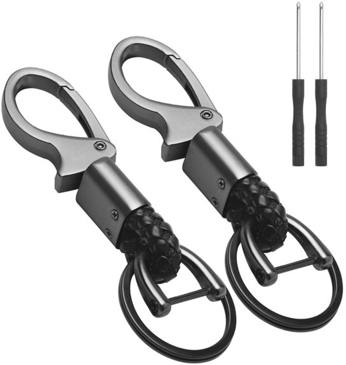 Sleutelhanger D-vormig - Set van 2 - Zinklegering Karabijnhaak - Autosleutelhanger met 2 Ringen - Schroevendraaier - Antiverlies Design