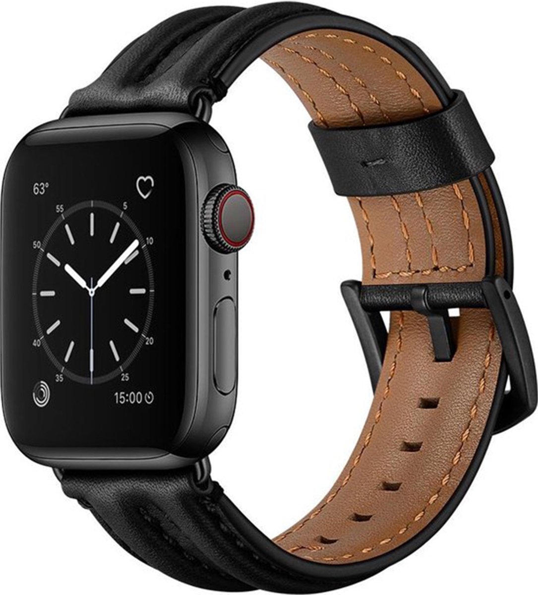 Stravo Premium Leren Bandje – Geschikt voor Apple Watch 42mm (Series 11/10), 41mm (Series 9/8/7), 40mm (Series 6/5/4, SE 3/2/1), 38mm (Series 3/2/1) – Vintage Horlogebandje van Leer met RVS Gesp – Zwart